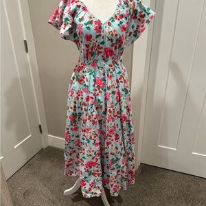 Ann Taylor Floral Midi Dress in Pink and Green